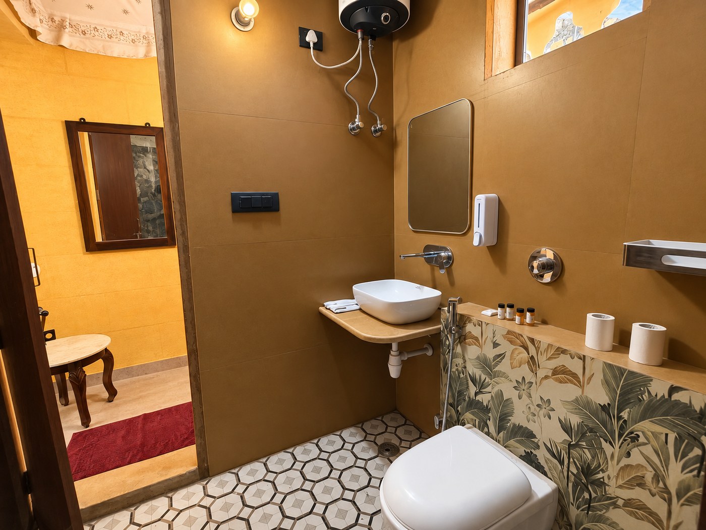 Attached bathroom with vessel basin