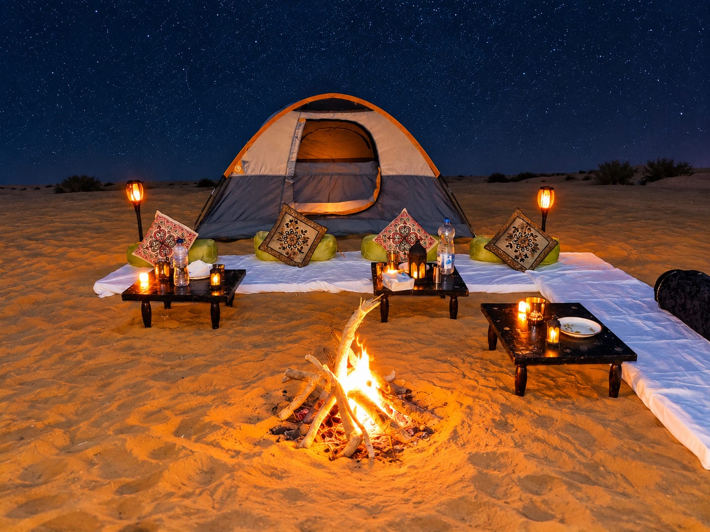 Bonfire and low tables set for dinner under a starry sky
