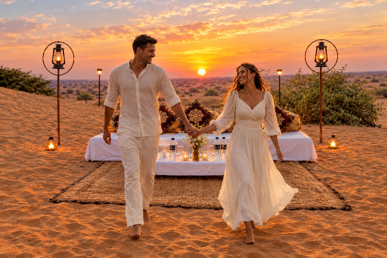 Couple walking past a lantern-lit dinner setup at sunset