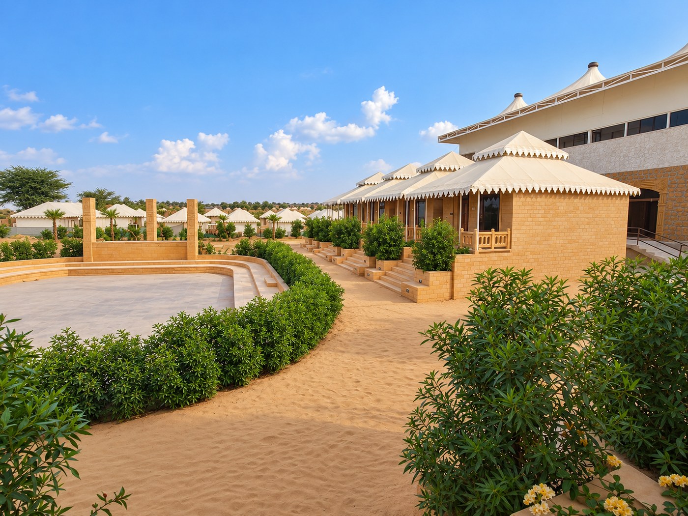 Courtyard stage and seating beside the cottages