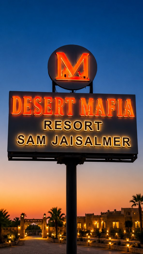 Illuminated Desert Mafia Resort sign at Sam at dusk